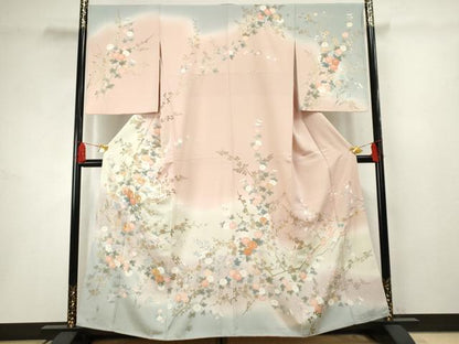 平和屋着物●十日町友禅作家 松雨 訪問着 枝花文 暈し染め 金彩 正絹 逸品 AABF5182cs