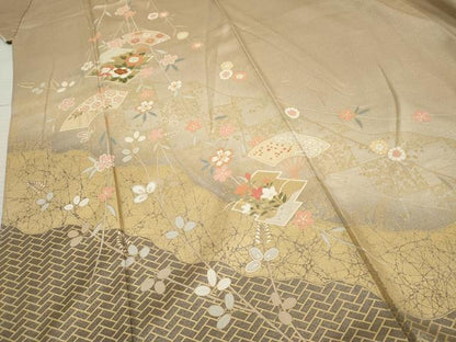 平和屋着物●訪問着 扇面草花文 暈し染め 金彩 正絹 逸品 AABF5197cs