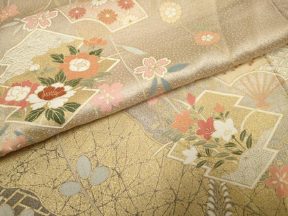 平和屋着物●訪問着 扇面草花文 暈し染め 金彩 正絹 逸品 AABF5197cs