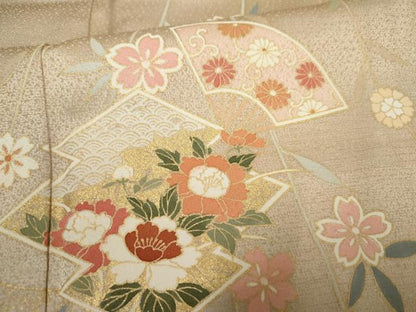 平和屋着物●訪問着 扇面草花文 暈し染め 金彩 正絹 逸品 AABF5197cs