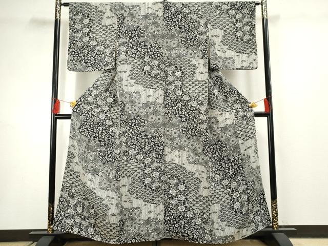 平和屋着物●上質な小紋 型染め 吉祥花唐草文 鬼しぼ縮緬 正絹 逸品 AABF5200cs