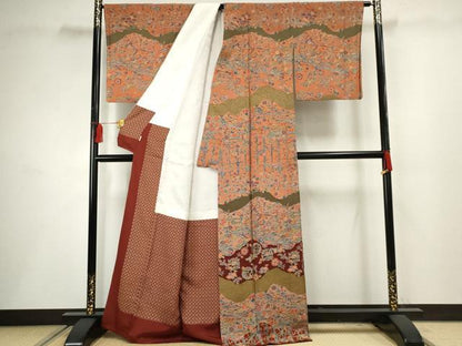 平和屋着物●訪問着 型染め 飛鶴吉祥草花文 金彩 鬼しぼ縮緬 ますいわ屋扱い 正絹 逸品 AABF5203cs