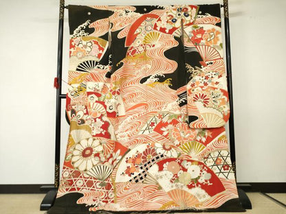 平和屋着物●アンティーク 大正ロマン 振袖 駒刺繍 扇面立波吉祥花文 黒地 金彩 ロング丈 正絹 逸品 AABF5232cs