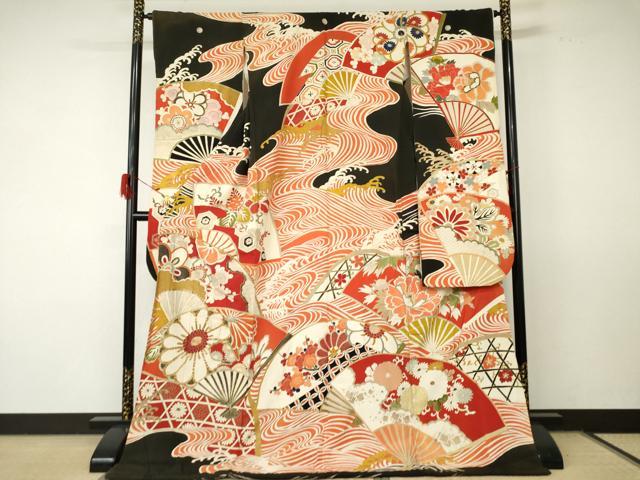 平和屋着物●アンティーク 大正ロマン 振袖 駒刺繍 扇面立波吉祥花文 黒地 金彩 ロング丈 正絹 逸品 AABF5232cs