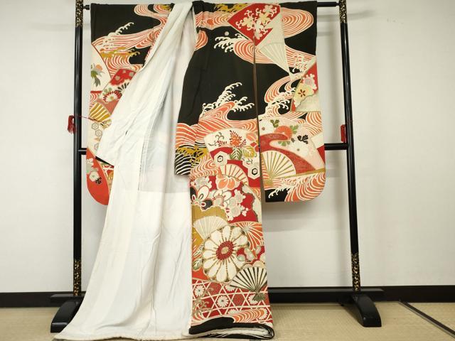 平和屋着物●アンティーク 大正ロマン 振袖 駒刺繍 扇面立波吉祥花文 黒地 金彩 ロング丈 正絹 逸品 AABF5232cs