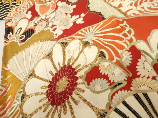 平和屋着物●アンティーク 大正ロマン 振袖 駒刺繍 扇面立波吉祥花文 黒地 金彩 ロング丈 正絹 逸品 AABF5232cs