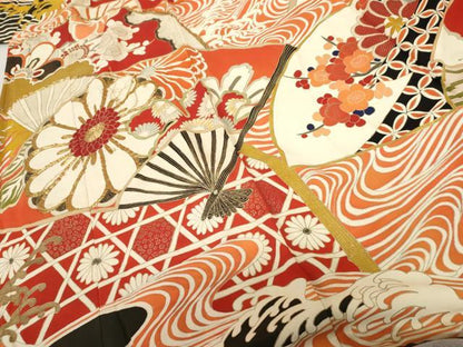 平和屋着物●アンティーク 大正ロマン 振袖 駒刺繍 扇面立波吉祥花文 黒地 金彩 ロング丈 正絹 逸品 AABF5232cs