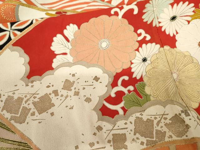 平和屋着物●アンティーク 大正ロマン 振袖 駒刺繍 扇面立波吉祥花文 黒地 金彩 ロング丈 正絹 逸品 AABF5232cs