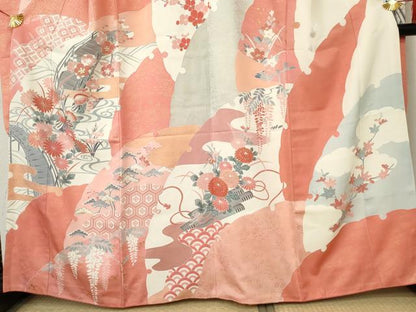 平和屋着物●豪華振袖 雪輪渡橋鴛鴦花文 金彩 正絹 逸品 AABF5233cs