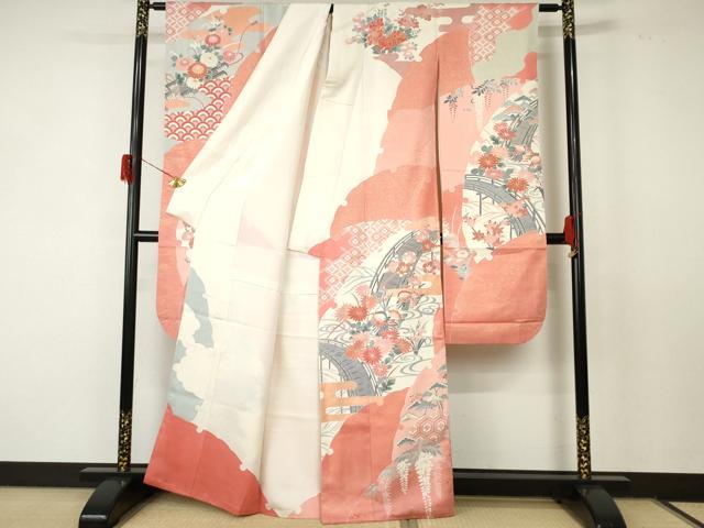 平和屋着物●豪華振袖 雪輪渡橋鴛鴦花文 金彩 正絹 逸品 AABF5233cs
