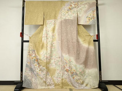 平和屋着物●訪問着 駒刺繍 辻が花 雪輪草花文 暈し染め 金彩 正絹 逸品 AABF5239cs