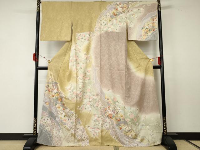 平和屋着物●訪問着 駒刺繍 辻が花 雪輪草花文 暈し染め 金彩 正絹 逸品 AABF5239cs