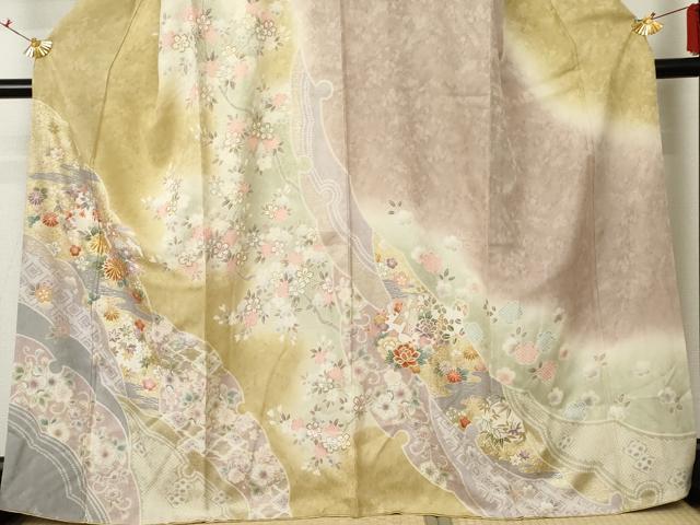 平和屋着物●訪問着 駒刺繍 辻が花 雪輪草花文 暈し染め 金彩 正絹 逸品 AABF5239cs