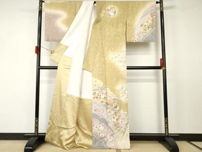 平和屋着物●訪問着 駒刺繍 辻が花 雪輪草花文 暈し染め 金彩 正絹 逸品 AABF5239cs