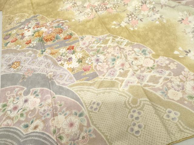 平和屋着物●訪問着 駒刺繍 辻が花 雪輪草花文 暈し染め 金彩 正絹 逸品 AABF5239cs