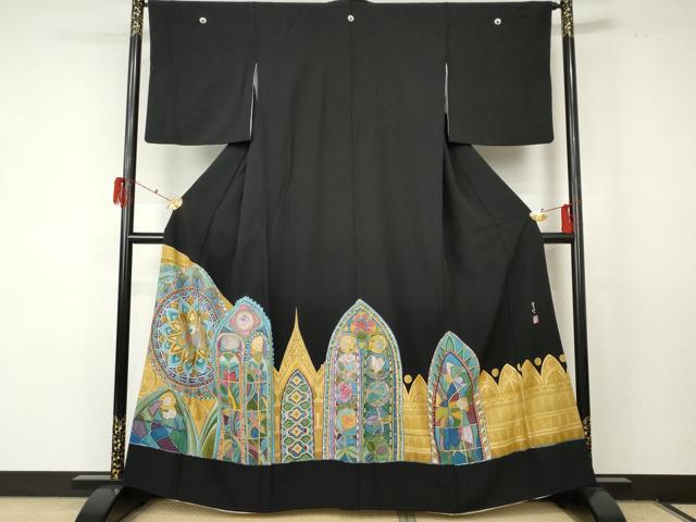 平和屋着物●豪華黒留袖 作家物 ろうけつ染め 洋花文 金彩 正絹 逸品 AABF5252cs