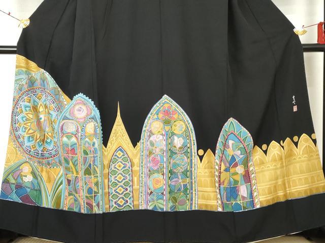平和屋着物●豪華黒留袖 作家物 ろうけつ染め 洋花文 金彩 正絹 逸品 AABF5252cs