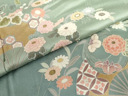 平和屋着物●訪問着 中国三大刺繍 相良刺繍 扇面花丸文 暈し染め 金糸 金彩 正絹 逸品 未使用 AABF5253cs