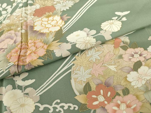 平和屋着物●訪問着 駒刺繍 流水花丸文 金彩 正絹 逸品 AABF5259cs