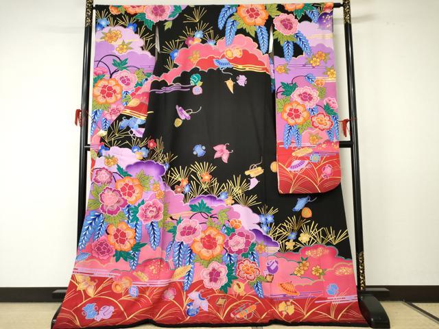 平和屋着物●豪華振袖 花宝尽くし 暈し染め 黒地 金彩 ロング丈 正絹 逸品 AABF5262cs