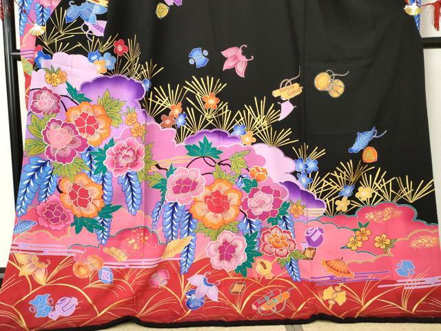 平和屋着物●豪華振袖 花宝尽くし 暈し染め 黒地 金彩 ロング丈 正絹 逸品 AABF5262cs