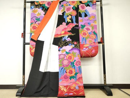 平和屋着物●豪華振袖 花宝尽くし 暈し染め 黒地 金彩 ロング丈 正絹 逸品 AABF5262cs
