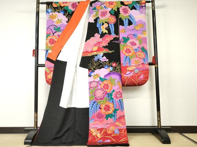 平和屋着物●豪華振袖 花宝尽くし 暈し染め 黒地 金彩 ロング丈 正絹 逸品 AABF5262cs
