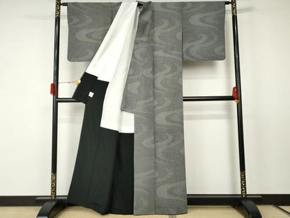 平和屋着物●伝統工芸師 服部光擴 江戸小紋 流水吉祥文 黒地 正絹 逸品 AABF5265cs