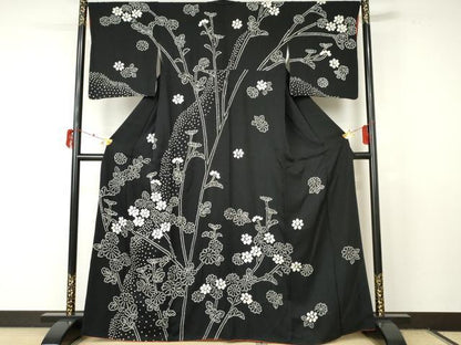 平和屋着物●訪問着 絞り 枝花文 黒地 正絹 逸品 AABF5266cs