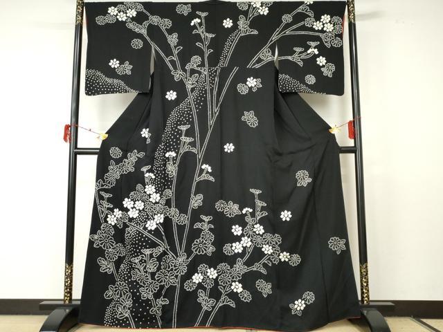 平和屋着物●訪問着 絞り 枝花文 黒地 正絹 逸品 AABF5266cs