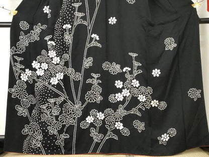 平和屋着物●訪問着 絞り 枝花文 黒地 正絹 逸品 AABF5266cs