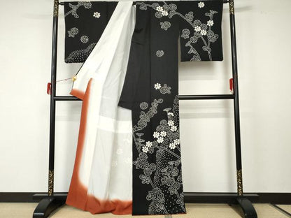 平和屋着物●訪問着 絞り 枝花文 黒地 正絹 逸品 AABF5266cs