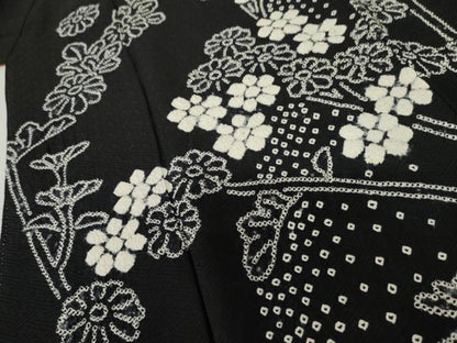 平和屋着物●訪問着 絞り 枝花文 黒地 正絹 逸品 AABF5266cs