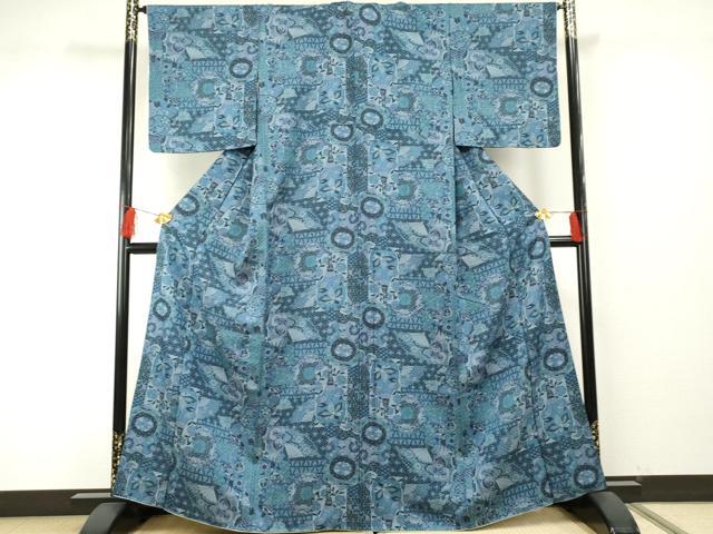 平和屋着物●上質な小紋　藍　陶器更紗花蝶文　正絹　逸品　AABF5278cs