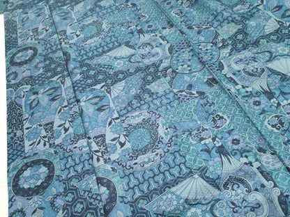 平和屋着物●上質な小紋　藍　陶器更紗花蝶文　正絹　逸品　AABF5278cs