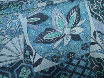 平和屋着物●上質な小紋　藍　陶器更紗花蝶文　正絹　逸品　AABF5278cs