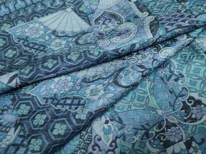 平和屋着物●上質な小紋　藍　陶器更紗花蝶文　正絹　逸品　AABF5278cs
