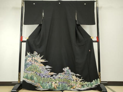 平和屋着物●本加賀友禅作家 東藤岳 黒留袖 梅松風景花文 正絹 逸品 AABF5280cs