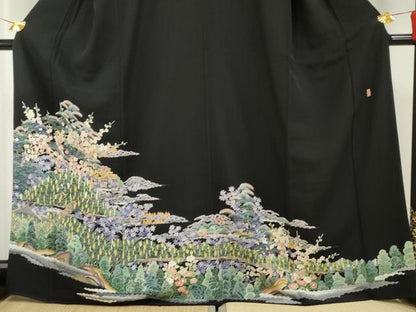 平和屋着物●本加賀友禅作家 東藤岳 黒留袖 梅松風景花文 正絹 逸品 AABF5280cs