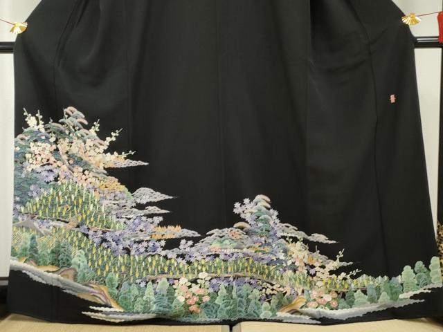 平和屋着物●本加賀友禅作家 東藤岳 黒留袖 梅松風景花文 正絹 逸品 AABF5280cs