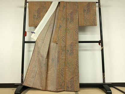 平和屋着物▽上質な紬 単衣 更紗花間道 正絹 逸品 AABF5281jh