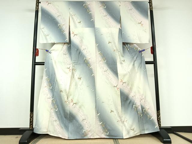 平和屋着物▽上質な小紋 単衣 飛鶴花文 暈し染め 金彩 正絹 逸品 AABF5282jh