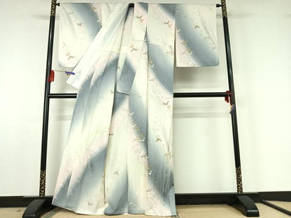 平和屋着物▽上質な小紋 単衣 飛鶴花文 暈し染め 金彩 正絹 逸品 AABF5282jh