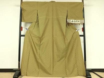 平和屋着物▽上質な紬 単衣 伝統工芸士 木村竜之 花織 花石摺織 格子 反端付き ロング丈 正絹 逸品 AABF5283jh
