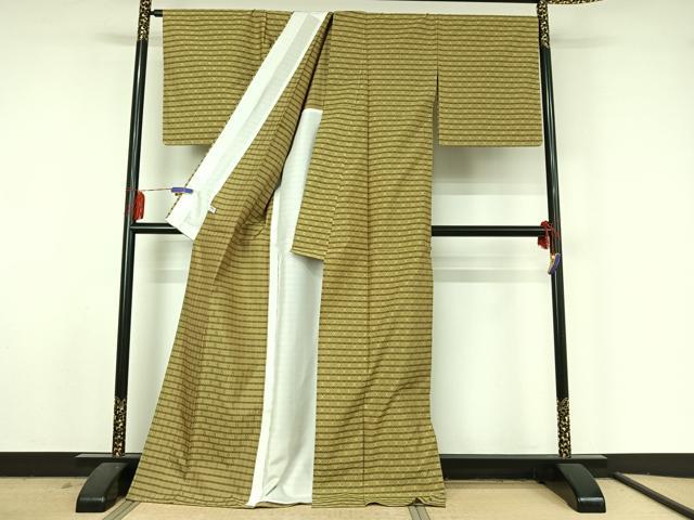 平和屋着物▽上質な紬 単衣 伝統工芸士 木村竜之 花織 花石摺織 格子 反端付き ロング丈 正絹 逸品 AABF5283jh
