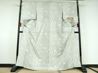 平和屋着物▽本塩沢 単衣 草花文 反端付き 正絹 逸品 AABF5286jh