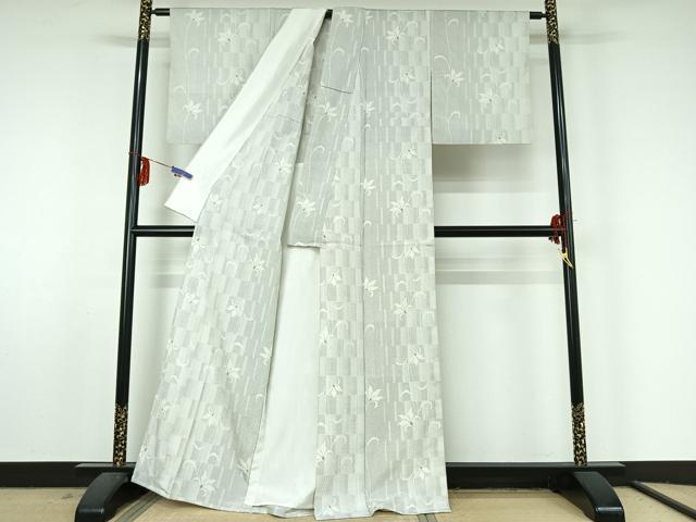 平和屋着物▽本塩沢 単衣 草花文 反端付き 正絹 逸品 AABF5286jh