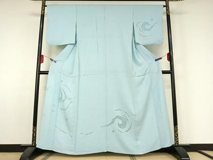 平和屋着物▽無地絵羽訪問着 単衣 ドロンワーク 流水文 空色 正絹 逸品 AABF5296jh