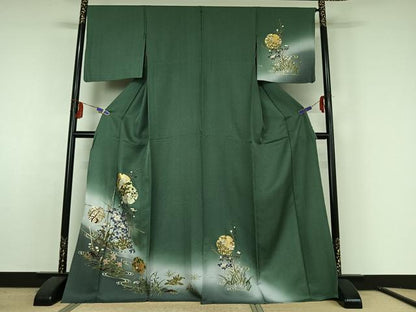 平和屋着物▽訪問着　単衣　刺繍　雪輪流水花文　暈し染め　金銀彩　正絹　逸品　AABF5298jh