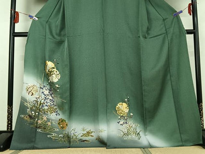 平和屋着物▽訪問着　単衣　刺繍　雪輪流水花文　暈し染め　金銀彩　正絹　逸品　AABF5298jh
